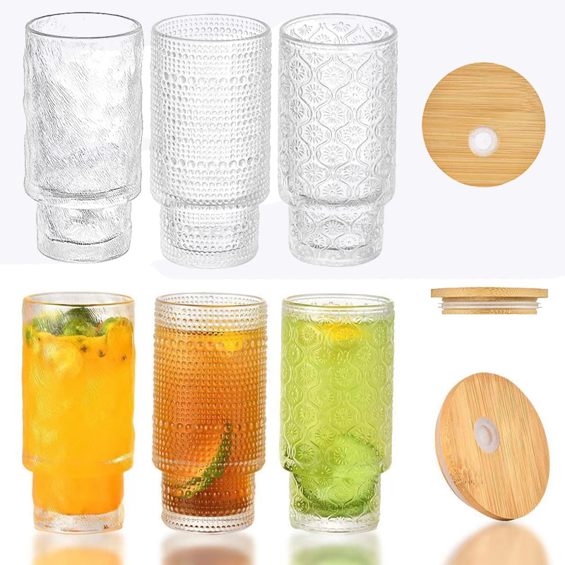 Wholesale Creative Unique Ribbed Glass Cups Set Vintage Ribbed Glassware 11oz Drinking Glasses Cocktail Glasses