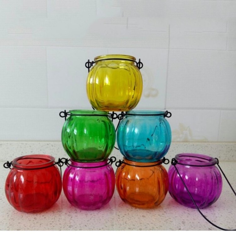 Hanging transparent pumpkin shape glass candle jars for making candles