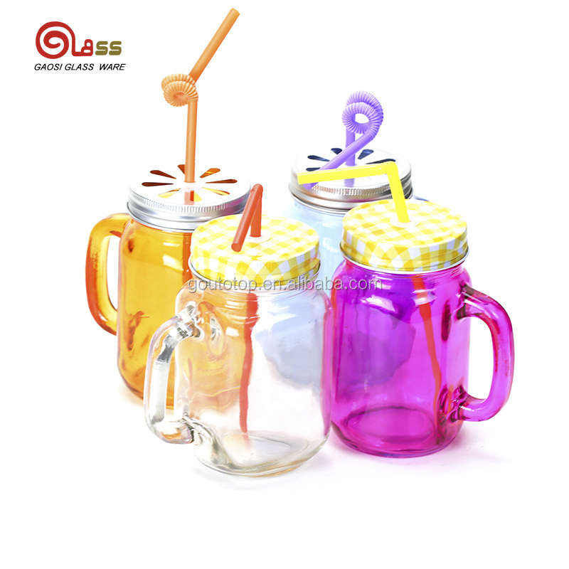 450ml Multicolor Glass mason Jar with Handle and tin lid juice drinking glass straw colorful glass mason jar