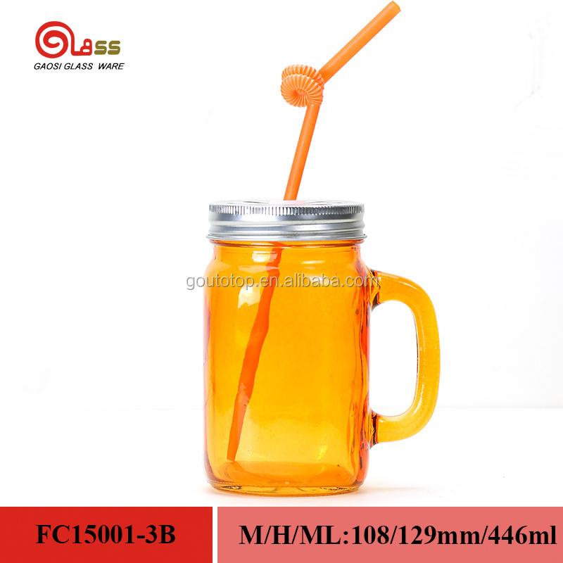 450ml Multicolor Glass mason Jar with Handle and tin lid juice drinking glass straw colorful glass mason jar