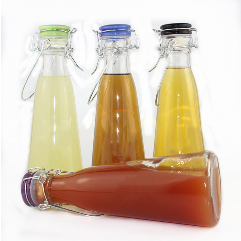 Wholesale 350ml 500ml  ceramic seal conical drink bottle milk bottle iron clasp portable portable glass bottle