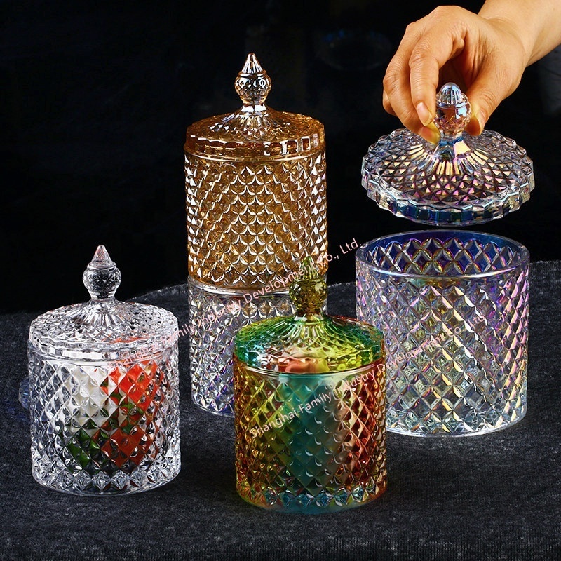 Hot sell Diamond Faceted Crystal Glass Decorative Candy Jar luxury empty candle jars with lid and packing box