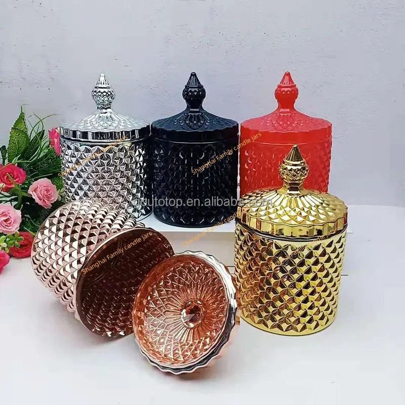 Hot sell Diamond Faceted Crystal Glass Decorative Candy Jar luxury empty candle jars with lid and packing box