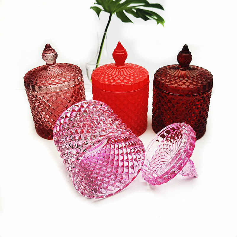 Luxury 10 oz red candle jars with lid and boxs pink glass candle vessels