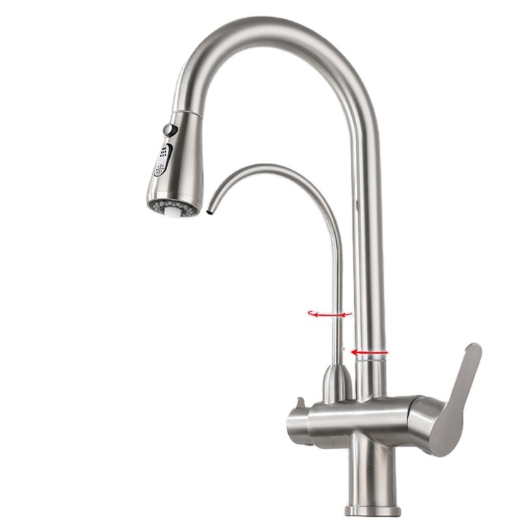 Pull Out Sink Faucet Filter Stainless Steel Double Handle 3 Way Pre-Rinse Restaurant Kitchen Pure Water Faucet