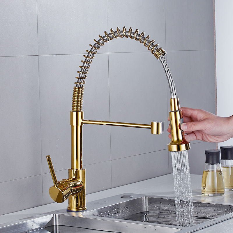 Factory Nano Golden Spring Flexible Spring Pull Down Dirt Proof Brass Kitchen Sink Faucet Gold