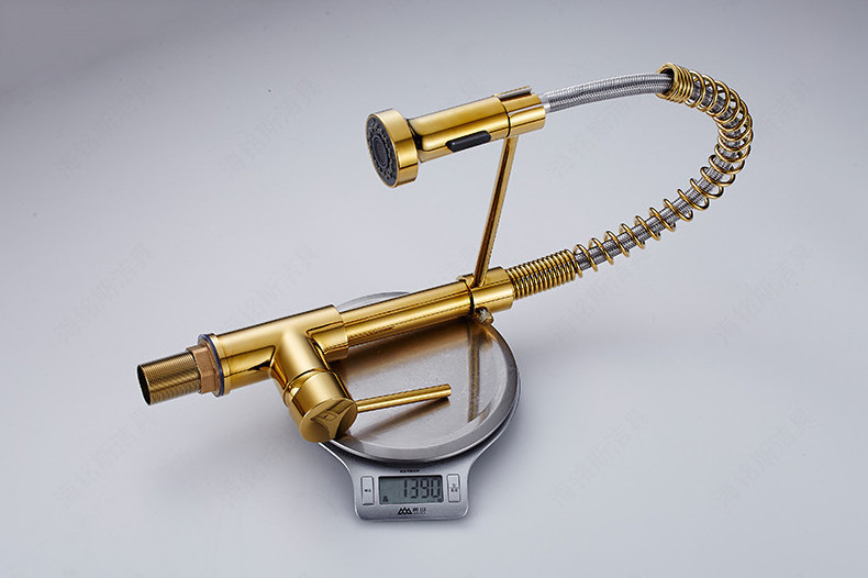 Factory Nano Golden Spring Flexible Spring Pull Down Dirt Proof Brass Kitchen Sink Faucet Gold