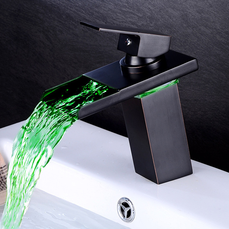 2024 New model Hot Cold Water Mixer Taps Wash Basin faucet ORB Brass Color Changing LED Light Waterfall Bathroom basen Faucet