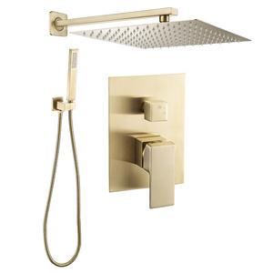 wall mounted high pressure shower head and hand spray 3 way brushed gold shower set