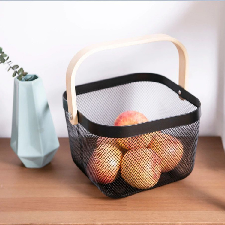 Black Picnic Basket with Handle Small Fruit Basket for Kitchen Multifunctional Wire Mesh Storage Baskets for Outdoor Picnic Home