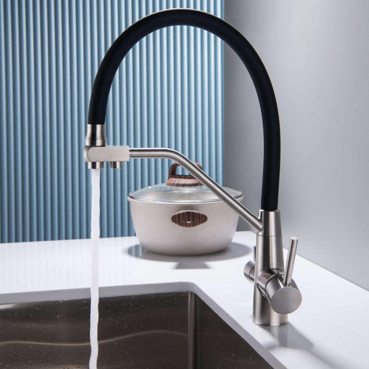 3 Way Water Filter Flex Rubber Hose Pull Down Spray Stainless Steel Kitchen Mixer Taps Sink Purifier Outlet Drinking Faucet