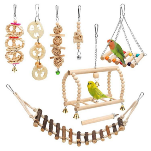 8 Packs Bird Toy Set Natural Wooden Bird Cage Parrot Hanging Swing Chewing Toy