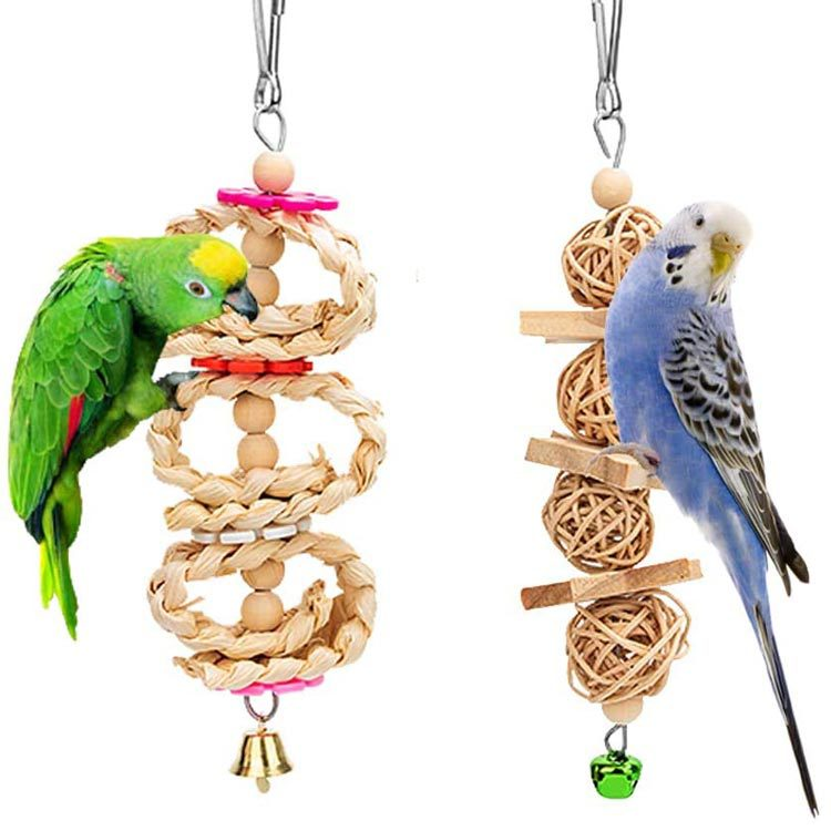 8 Packs Bird Toy Set Natural Wooden Bird Cage Parrot Hanging Swing Chewing Toy