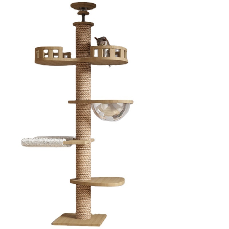 Luxury Wooden Cat Climbing Frame Floor to Ceiling  Pet Cat Scratcher Tree with Hammock