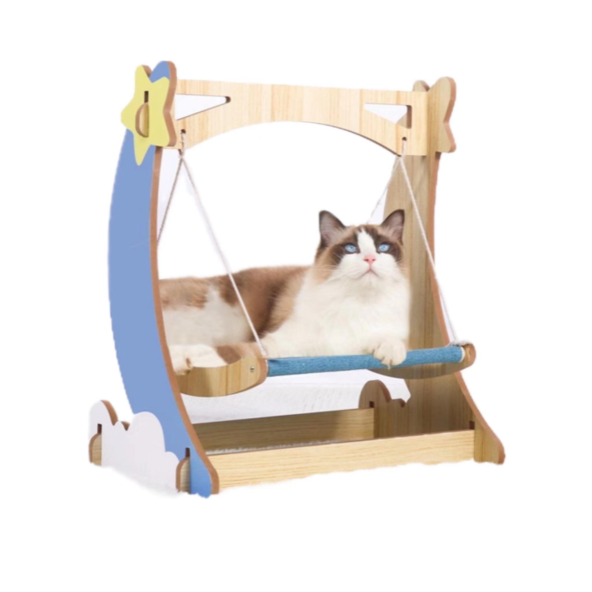 2023 New Cartoon Wooden Cat Hammock Indoor Big Load-bearing Anti-Rollover Pet Swing