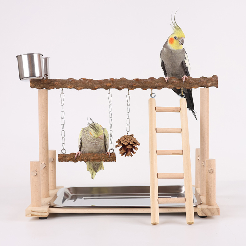 Parrots playground toys wooden bird play stand with feeder cups ladder swings