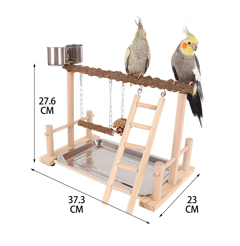 Parrots playground toys wooden bird play stand with feeder cups ladder swings