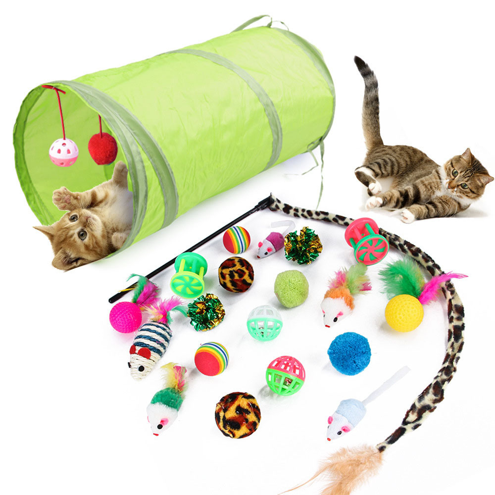 21PCS Cat Toys Interactive Kitten Toys Assortments Tunnel Balls Fish Feather Teaser Wand Mice