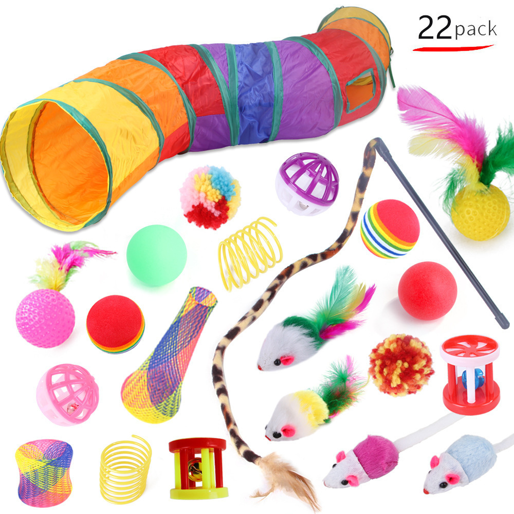 21PCS Cat Toys Interactive Kitten Toys Assortments Tunnel Balls Fish Feather Teaser Wand Mice