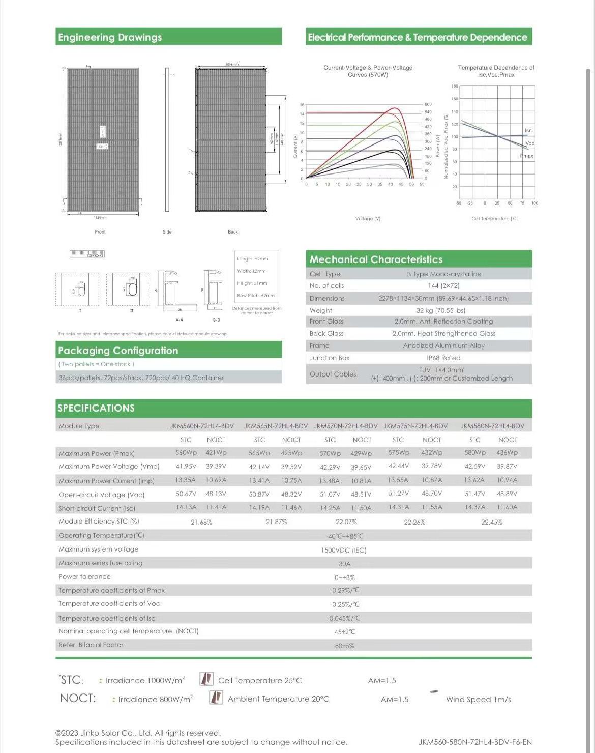 Jinko Tiger Neo N-type 72hl4-bdv 560-580 Watt mono solar panels 560w 565w 570w 575w 580w Solar Panels