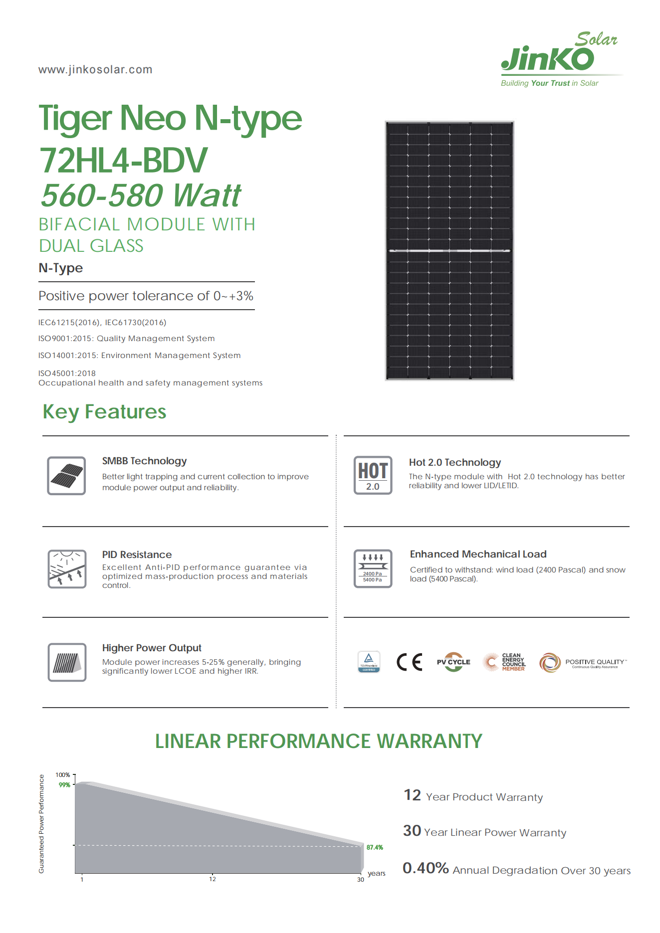 Jinko Tiger Neo N-type 72hl4-bdv 560-580 Watt mono solar panels 560w 565w 570w 575w 580w Solar Panels