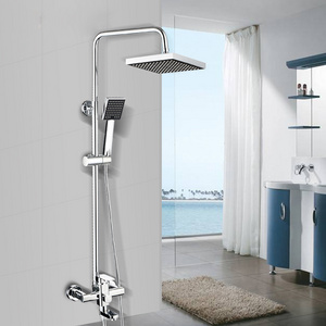 Wall mounted 3 function chrome plated stainless steel square shower rod brass bathroom exposed complete rain shower mixer set