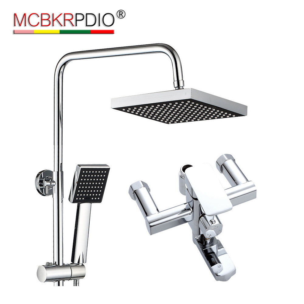 Wall mounted 3 function chrome plated stainless steel square shower rod brass bathroom exposed complete rain shower mixer set