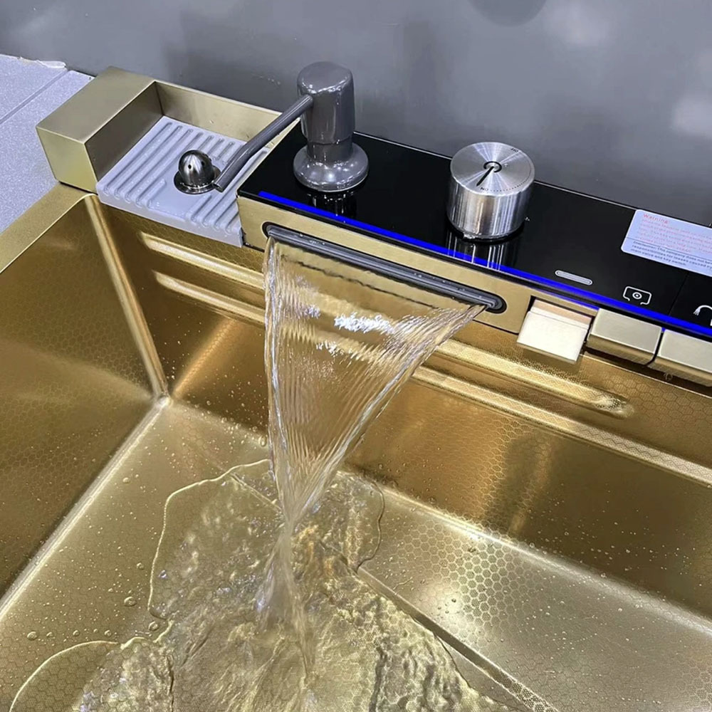 Gold SUS smart kitchen sink nano stainless steel hand made kitchen sink waterfall kitchen sink with digital display