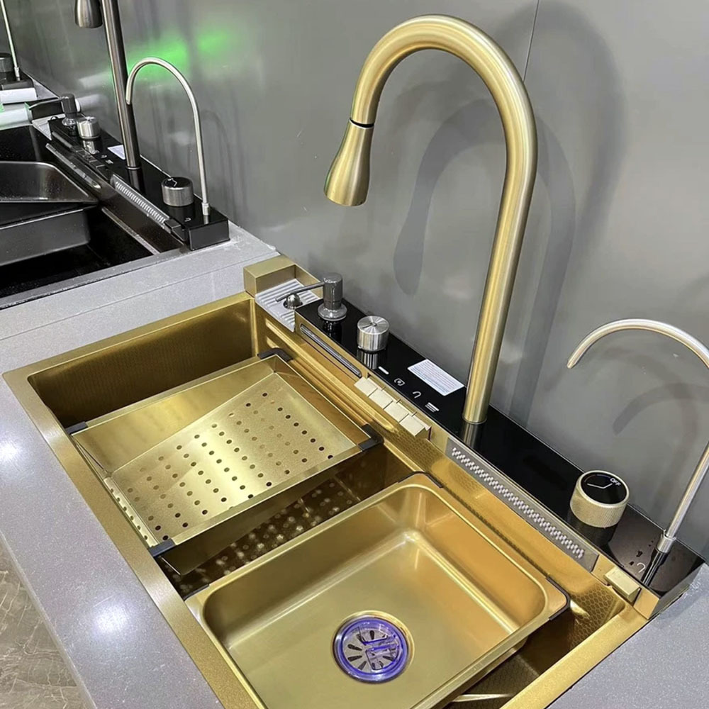 Gold SUS smart kitchen sink nano stainless steel hand made kitchen sink waterfall kitchen sink with digital display