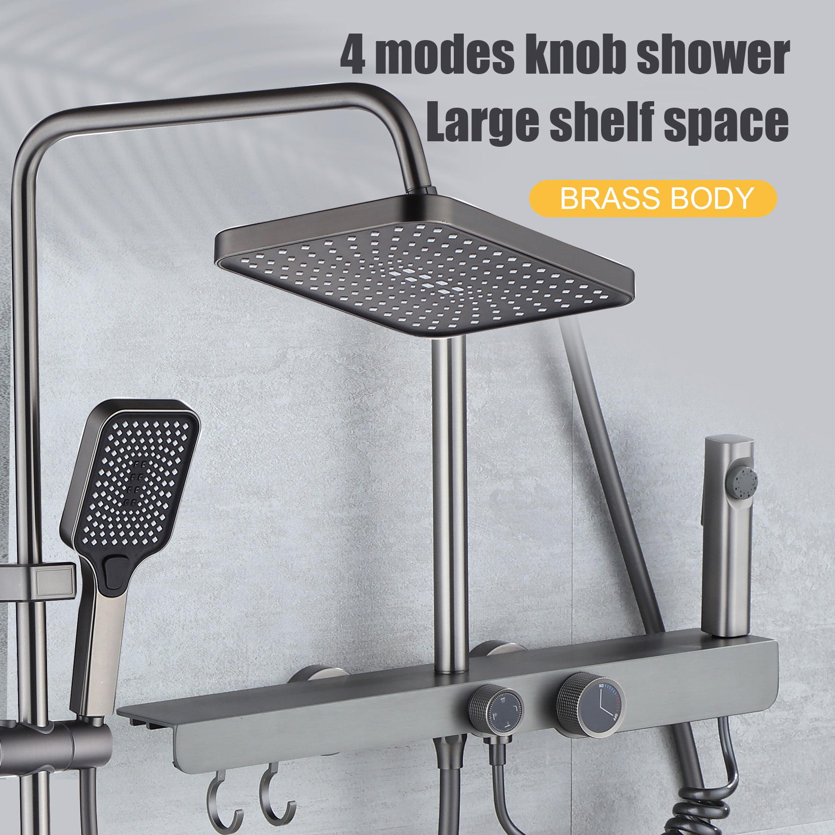 Gun-grey shelf Rainfall wall mounted Brass thermostatic shower mixer set with square shower head Shower set