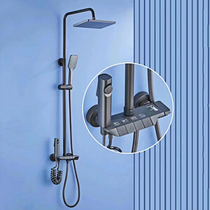 Exposed Plastic Bathroom Shower 4 ways Piano Control Valve Thermostatic Rainfall Shower Set with Round Shower Head, Gun Grey