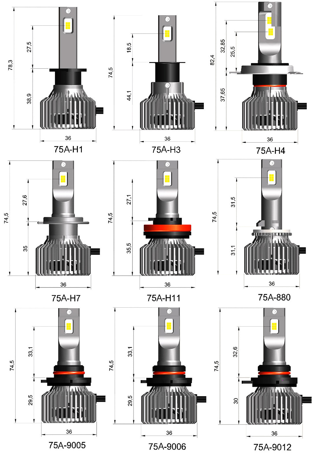 GPNE 75A 150W Car front light assembly kits auto lighting h11 led headlight bulb with H4 H7 9005 9006