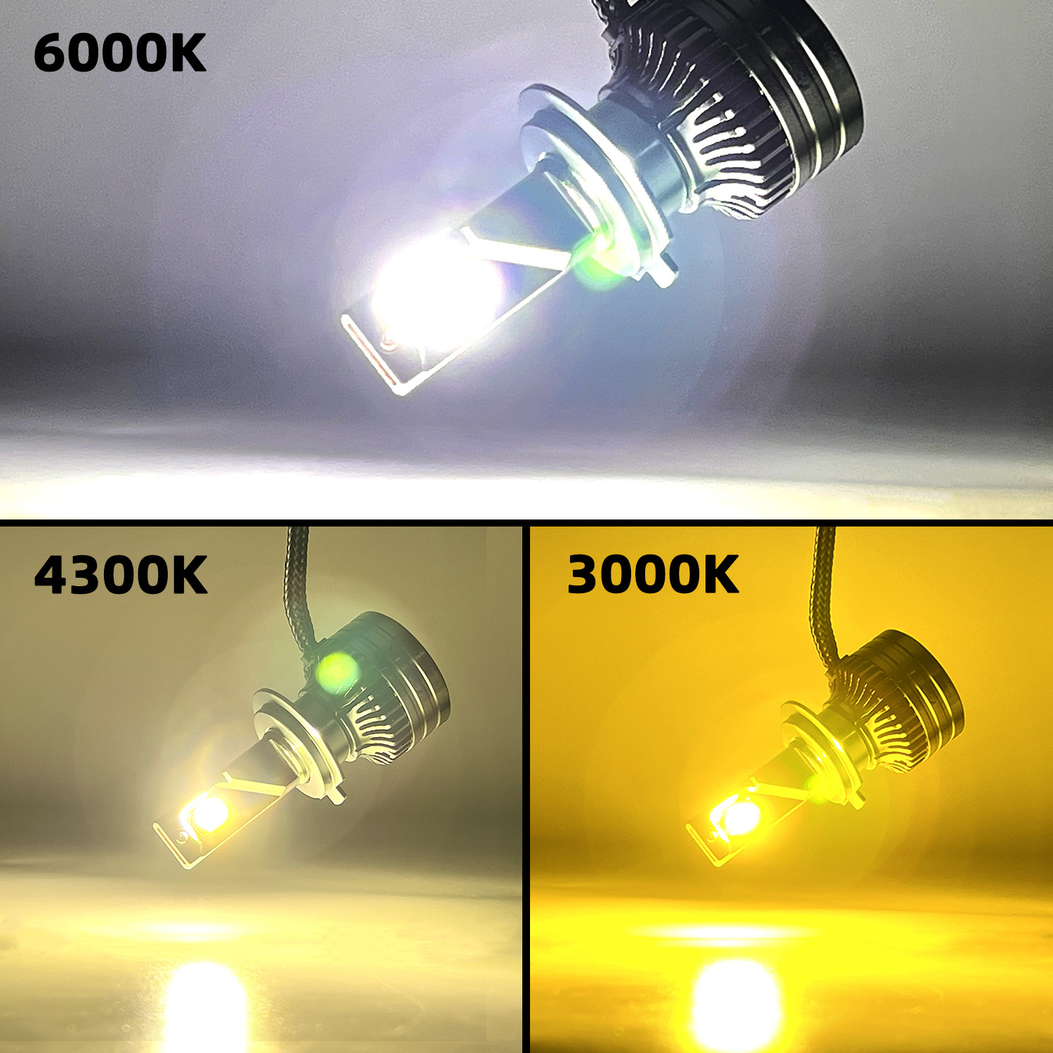 GPNE 3 colors h7 led headlight bulb 50W 5000LM h4 h11 led headlight 9005 tri color 3000k 4300k 6000k car led bulb