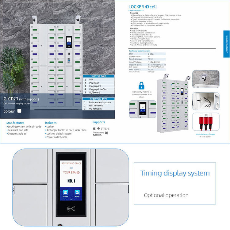 Colorful 40-Slot Metal Cell phone Locker Charging Station compatible with iPad/iPhone smart storage Cabinet locker with camera