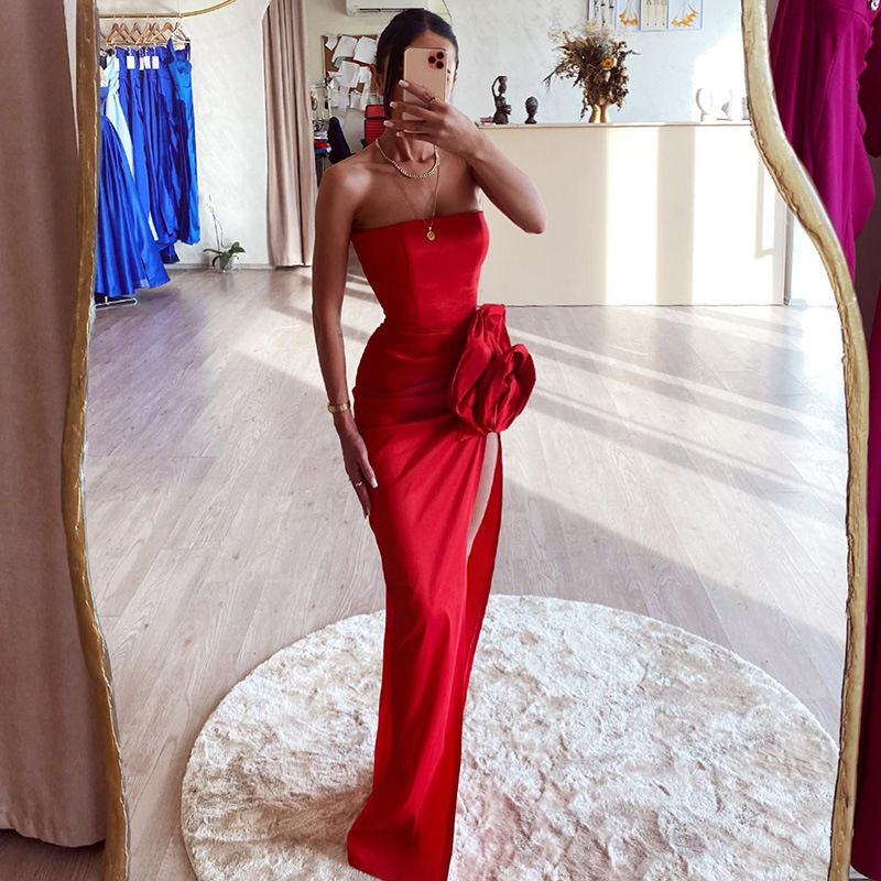 Elegant 3d Flower Red Maxi Dress For Women Fashion Tube Sleeveless Sheath Dresses 2024 Female Nightclub Banquet Vestidos 2641