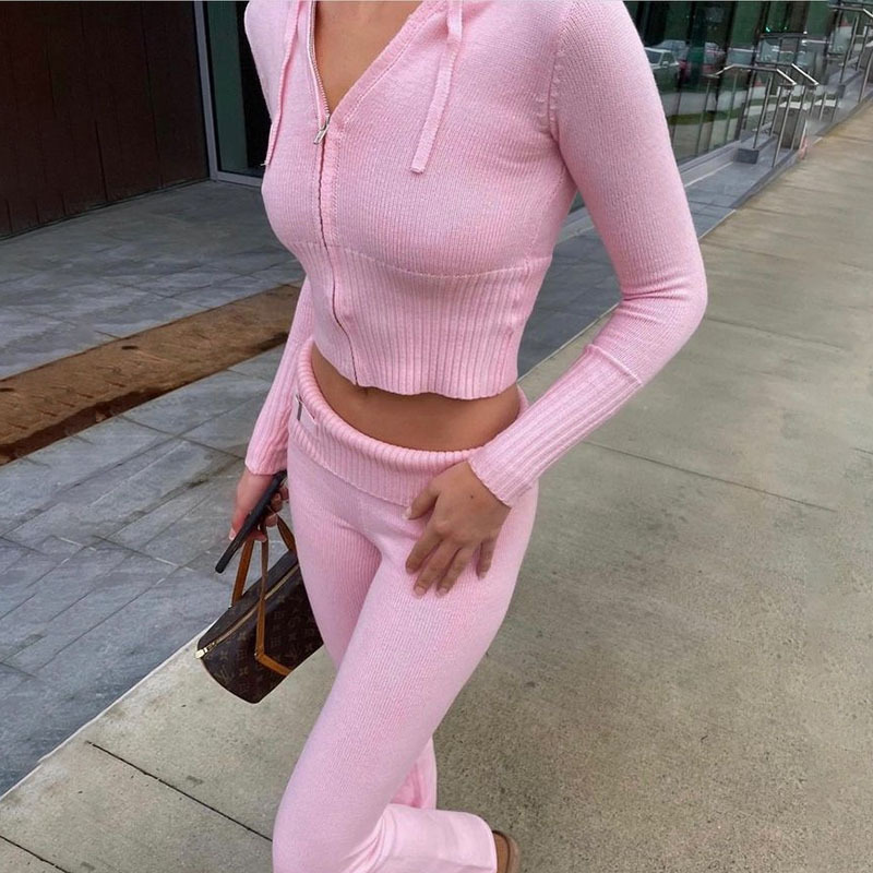 Knitted 2 Piece Sets Women Tracksuit Long Sleeve Zipper Hooded Sweater Crop Top Flare Pants Stretch Matching Suit Outfit 2724