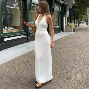 Elegant Women White Sexy Club Sleeveless Backless Halter Crop Top And Office High Split Long Skirts Party 2 pcs Sets Dress  2684