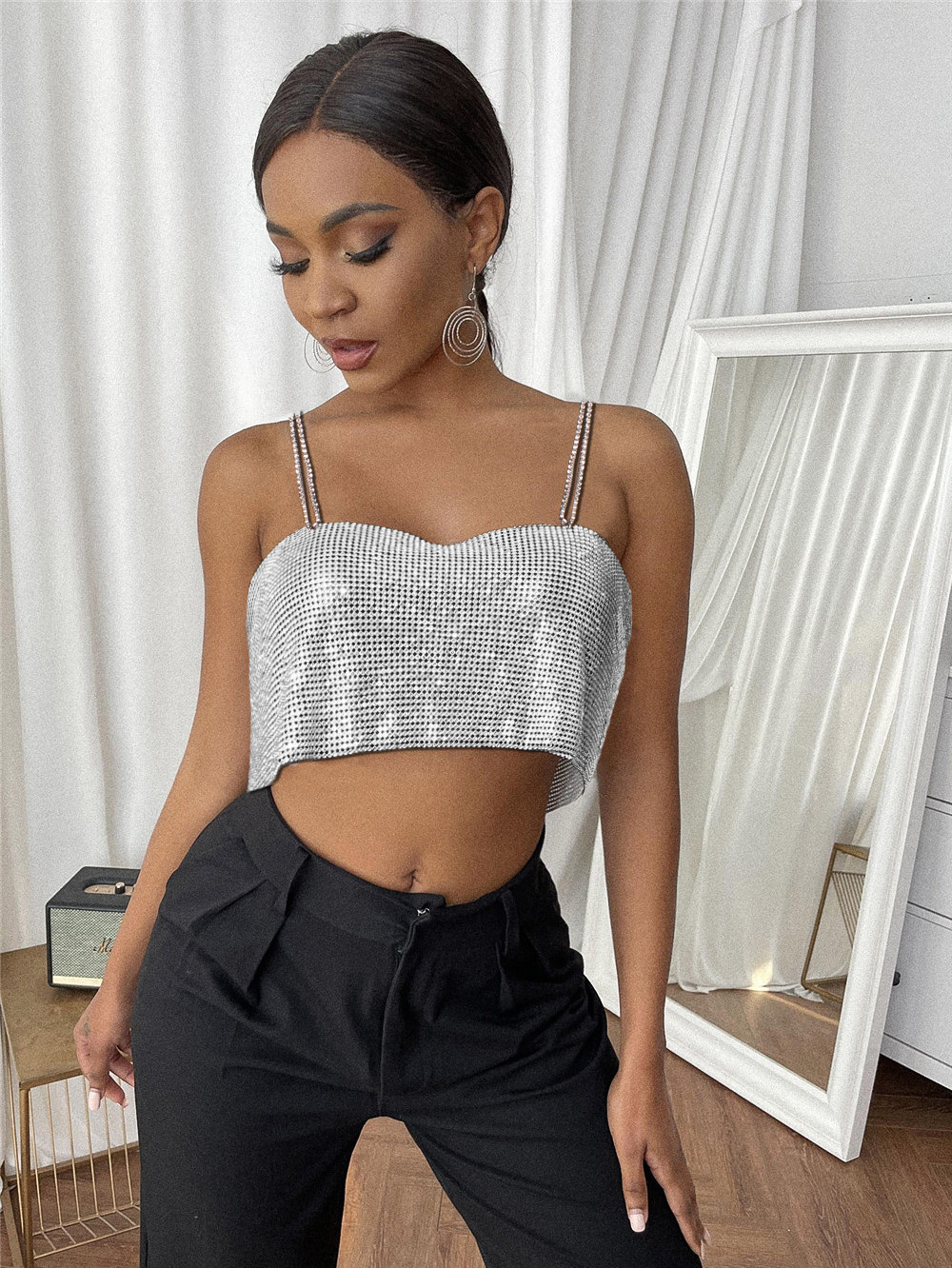 Bling Rhinestones Party Crop Top 2022 Fashion Solid Backless Straps Full Diamonds Sequins Cami Cropped Top for Women 0789