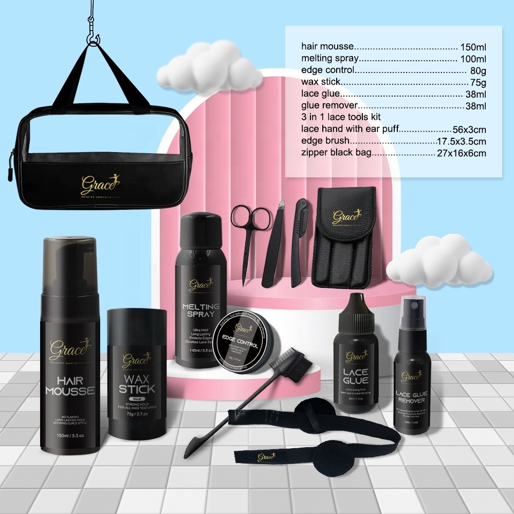 New Trim Lace Tools Lace Glue Edge Control Wax stick  Hair Mousse Melting Spray Black Lace Wig Installation Kit with PVC  Bag