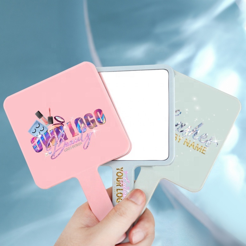 Plastic One Side Customized logo square shaped cosmetic pink hand mirrors wholesale bulk makeup handheld mirror