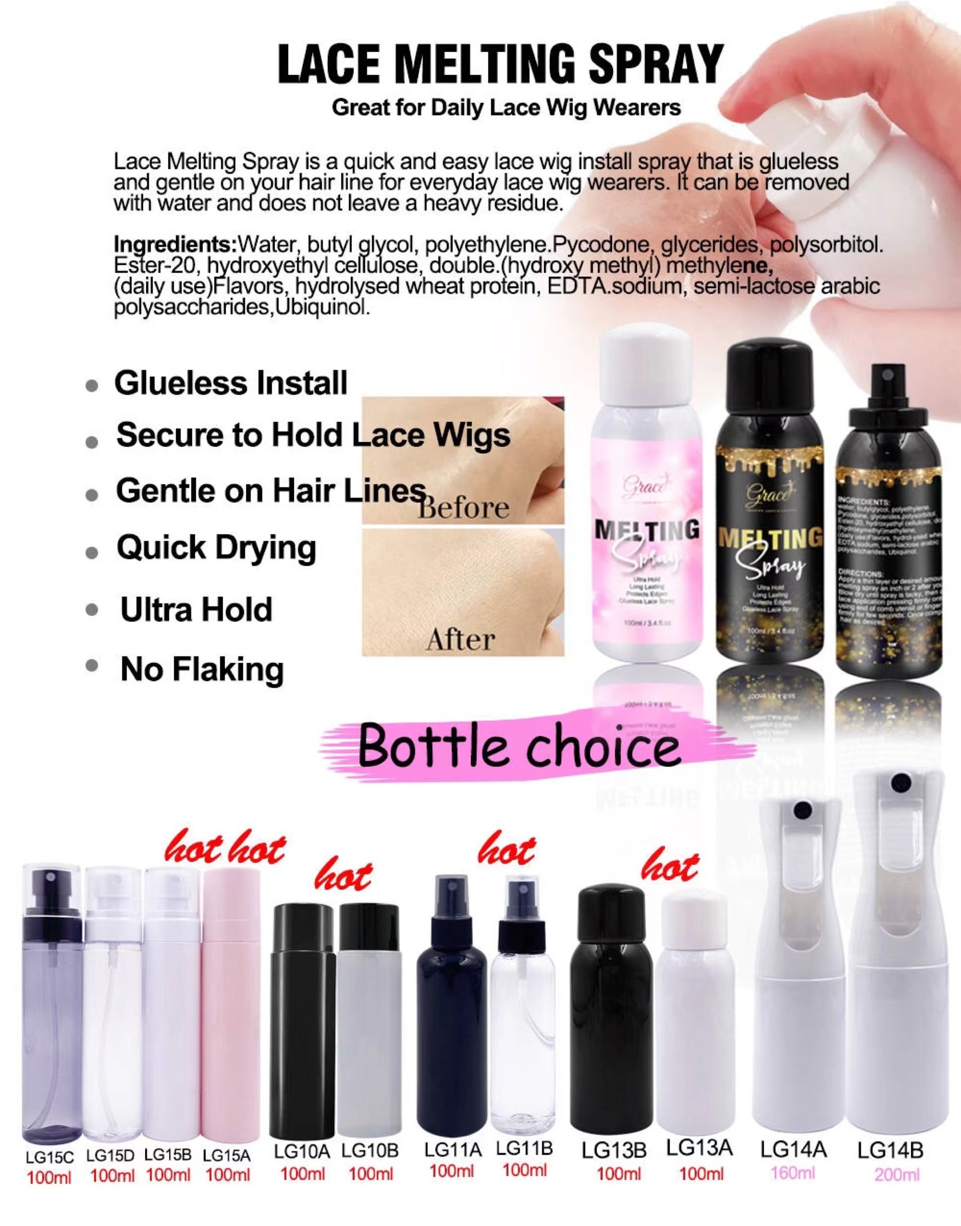 Private label Strong Hold Quick Dry Hair Spray Invisible finishing holding spray Protects Edge Glueless Wig Lace Melting Spray