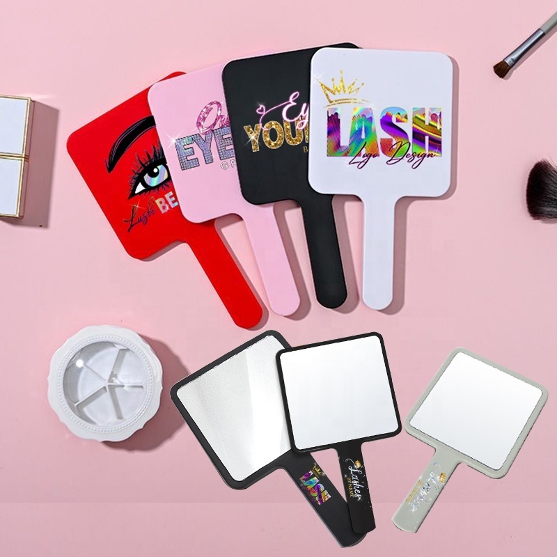 Plastic One Side Customized logo square shaped cosmetic pink hand mirrors wholesale bulk makeup handheld mirror