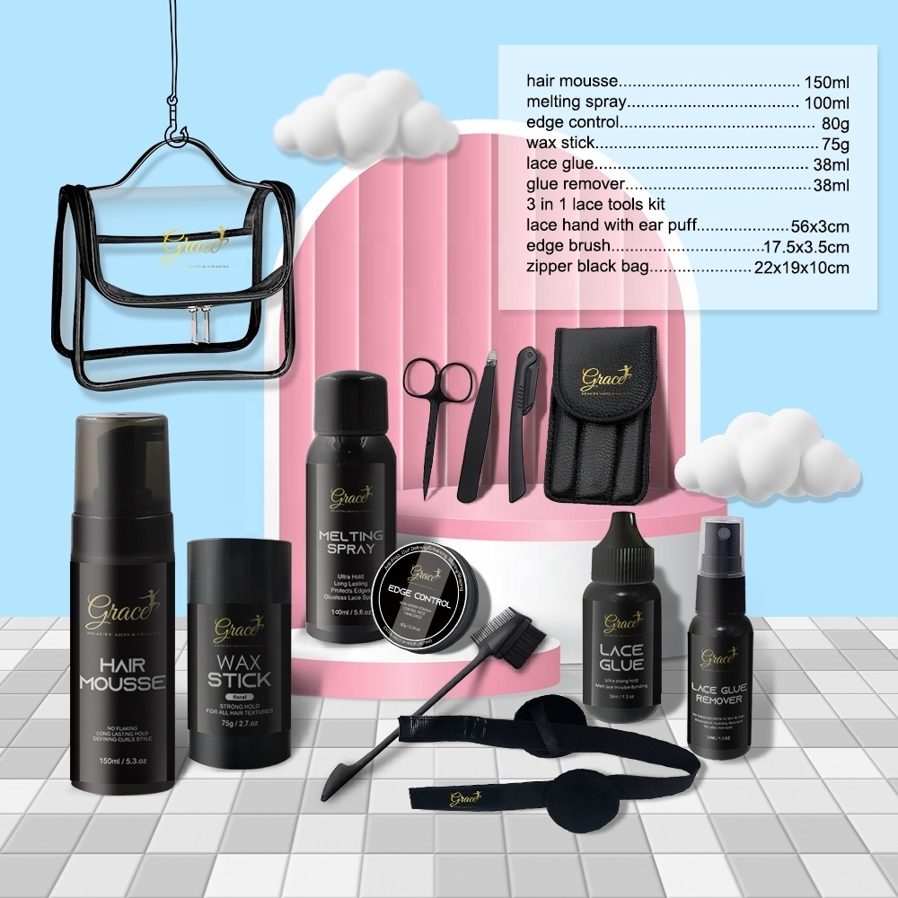 New Trim Lace Tools Lace Glue Edge Control Wax stick  Hair Mousse Melting Spray Black Lace Wig Installation Kit with PVC  Bag