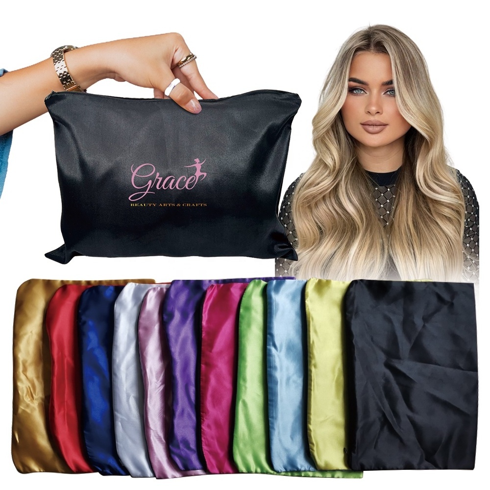 Wholesale Custom Logo Colorful Travel Satin Zipper Bag Soft Durable Bundles Hair Extensions Wig Storage Satin Bag With Zipper