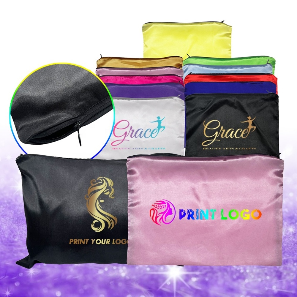 Wholesale Custom Logo Colorful Travel Satin Zipper Bag Soft Durable Bundles Hair Extensions Wig Storage Satin Bag With Zipper