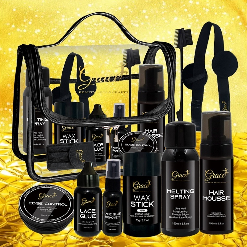 Hot Selling  Lace Glue Edge Control Wax stick Curly Hair Mousse Melting Spray Black Gold Lace Wig Install Kit with Travel Bag