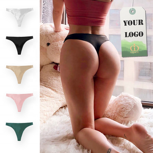 OEM Customized Logo Designer Sexy Satin Silk Seamless Tangas Private Label Traceless Panties Logo Printed Thongs for Ladies