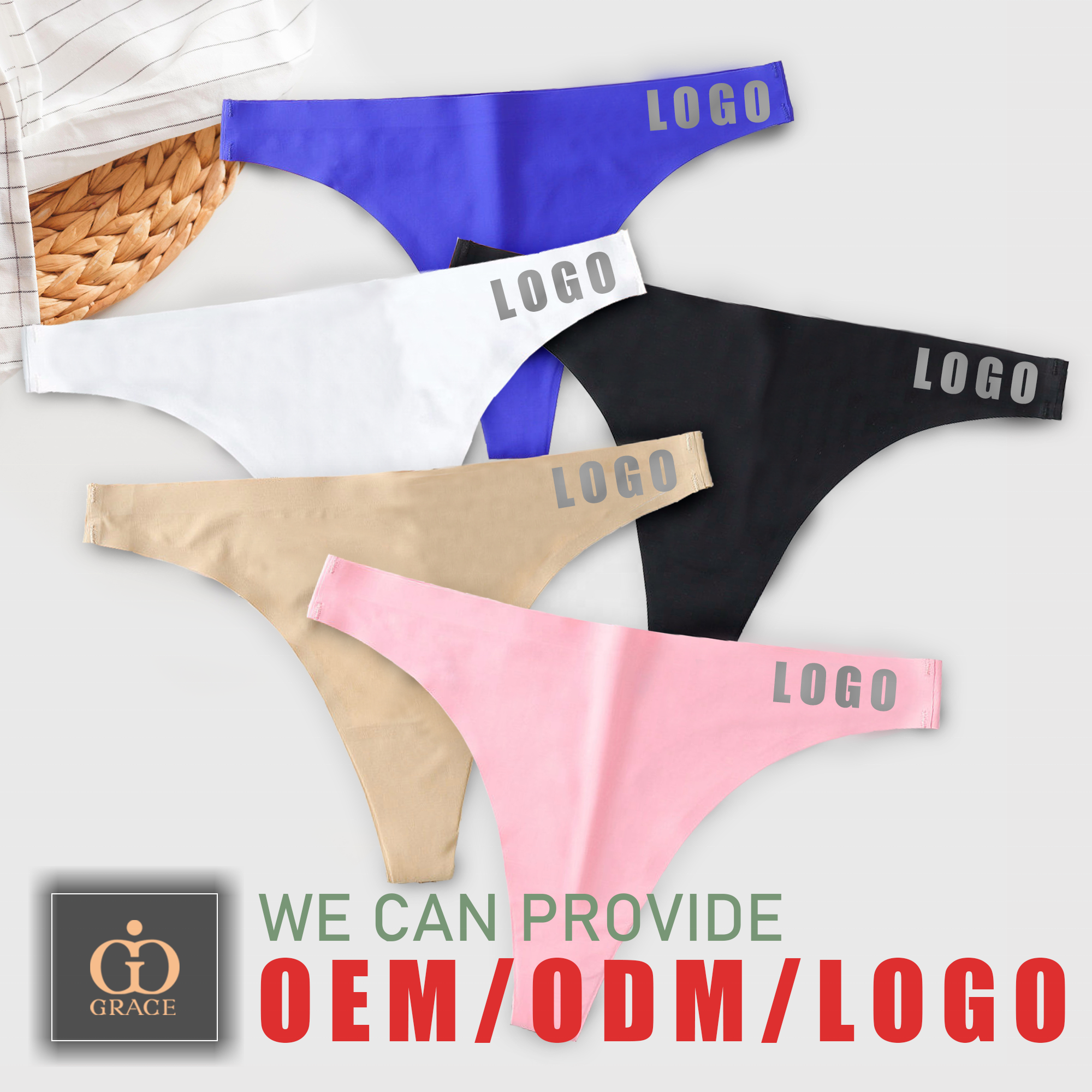 OEM Customized Logo Designer Sexy Satin Silk Seamless Tangas Private Label Traceless Panties Logo Printed Thongs for Ladies