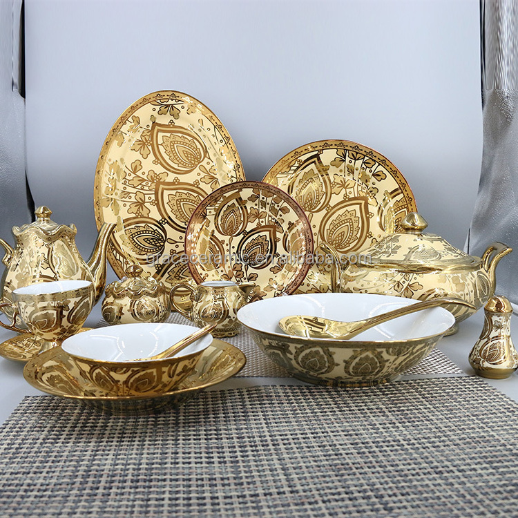 Pakistan Dinner Sets Gold Electroplate Crockery Dinner Set Ceramic 47/48/72/75 pcs Elegant Porcelain Dinnerware Sets