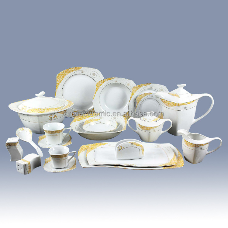 Turkey Pakistan 63pcs New Bone china Dinner Set Royal S Shape Ceramic Fine Porcelain 68 Pieces Dinnerware Set For 6 person